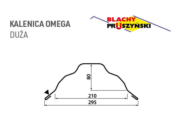 Rysunek wymiarowy kalenicy Omega dużej – 295 mm, 210 mm, 80 mm