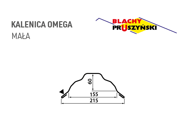 Rysunek wymiarowy kalenicy Omega małej – 215 mm, 155 mm, 60 mm