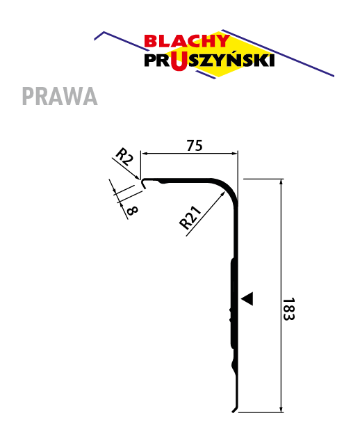 Rysunek wymiarowy wiatrownicy panelowej prawej – 75 mm, 183 mm, R21, 8 mm