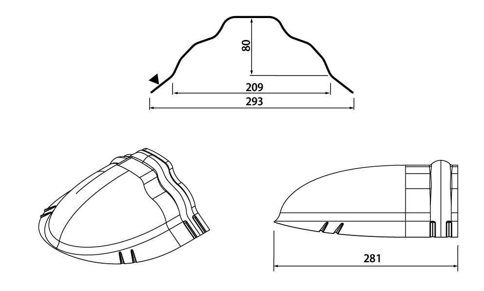 Rysunek wymiarowy zakończenia kalenicy Omega dużej – 293 mm, 209 mm, 80 mm, długość 281 mm