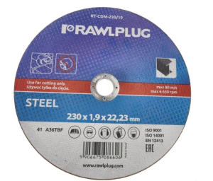 Ściernice korundowe do cięcia stali 230x1,9x22,23mm Rawlplug RT-CDM-230/19
