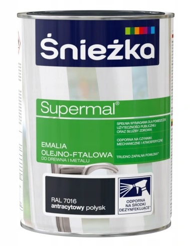 Emalia olejno-ftalowa do drewna i metalu Śnieżka Supermal RAL7016 antracytowy połysk 0,8L