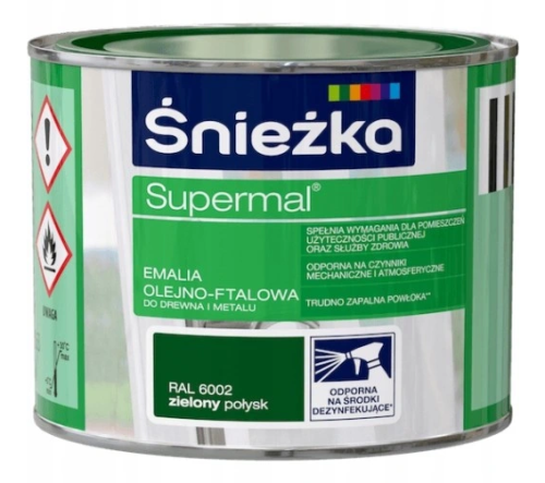 Emalia olejno-ftalowa do drewna i metalu Śnieżka Supermal RAL6002 zielony połysk 0,2L