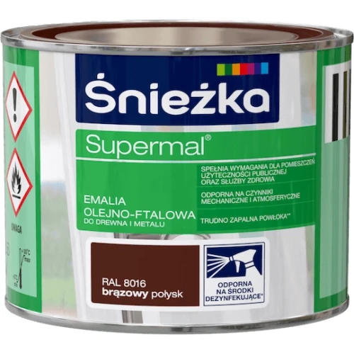 Emalia olejno-ftalowa do drewna i metalu Śnieżka Supermal RAL8016 brązowy połysk 0,2L.webp