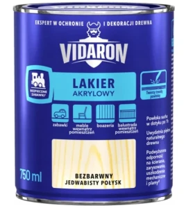 Lakier akrylowy do drewna bezbarwny jedwabisty połysk 0,75L Vidaron