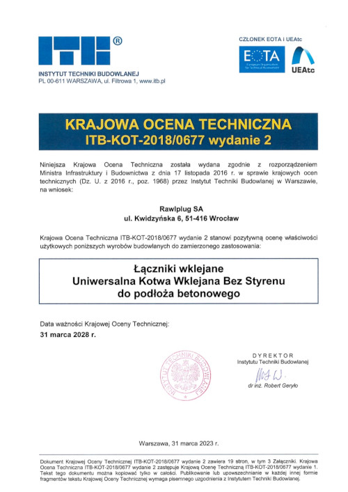 Certyfikat Kotwa chemiczna poliestrowa uniwersalna Koelner 300ml
