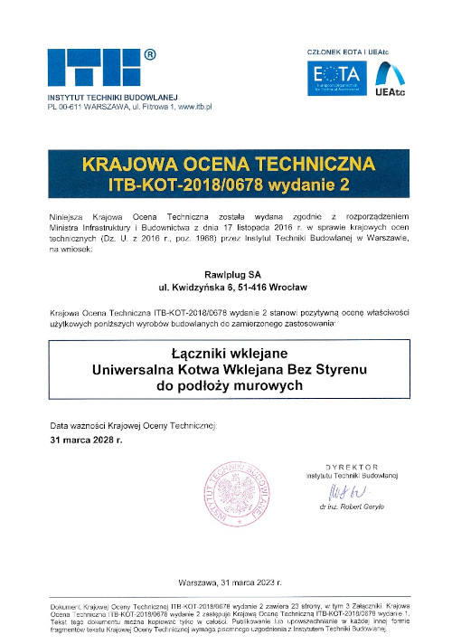 Certyfikat Kotwa chemiczna poliestrowa uniwersalna Koelner 300ml