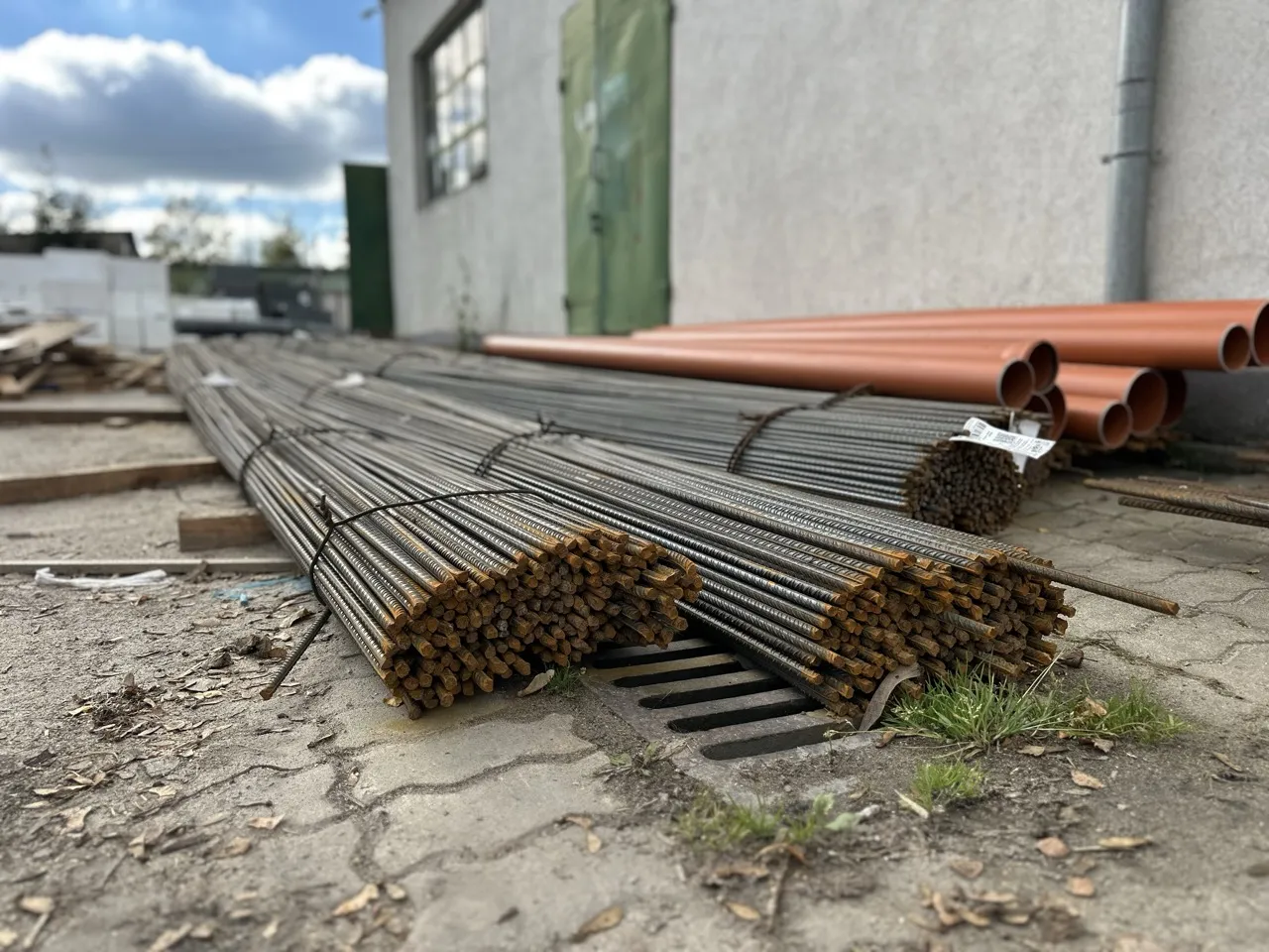 Wiązki prętów żebrowanych 12 m na placu składowym Nomex MB